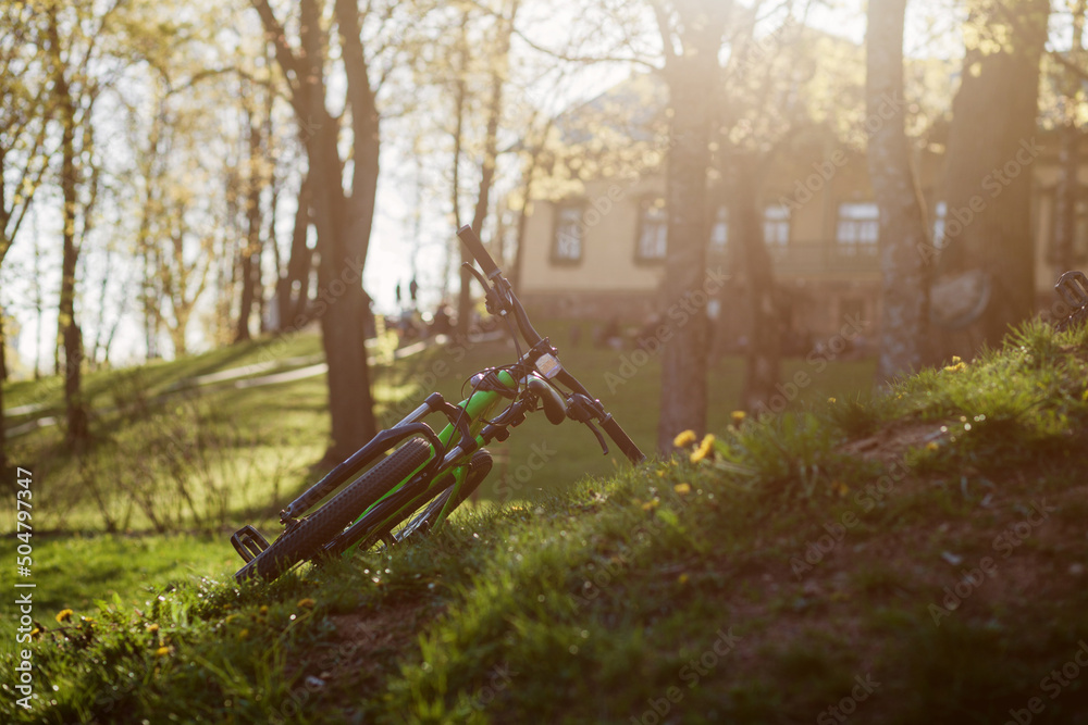 Mountain bike lies on the grass Mountain bike lies on the grass