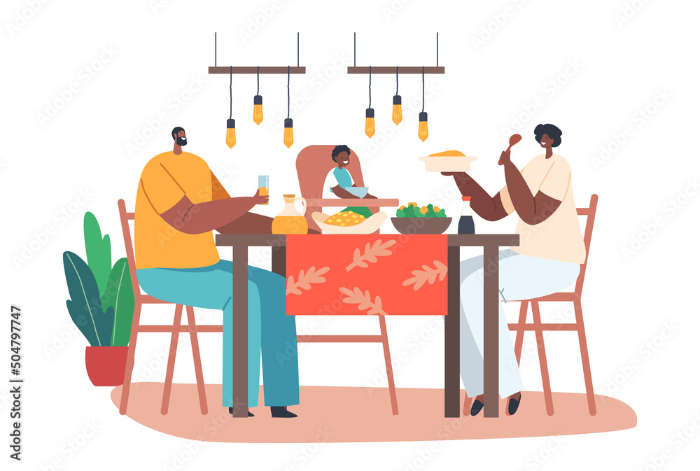Happy African Family Father, Mother and Little Baby Sit on High Stool Having Dinner Sitting Table with Food on Kitchen