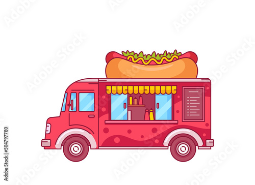 Hot Dog Food Truck, Isolated Catering Van With Chalkboard Menu and Equipment for Cooking Hotdogs. Car for Food Selling