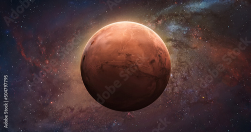 Mars planet sphere. Exploration and expedition on red planet. Red planet in space. Solar system. Elements of this image furnished by NASA 