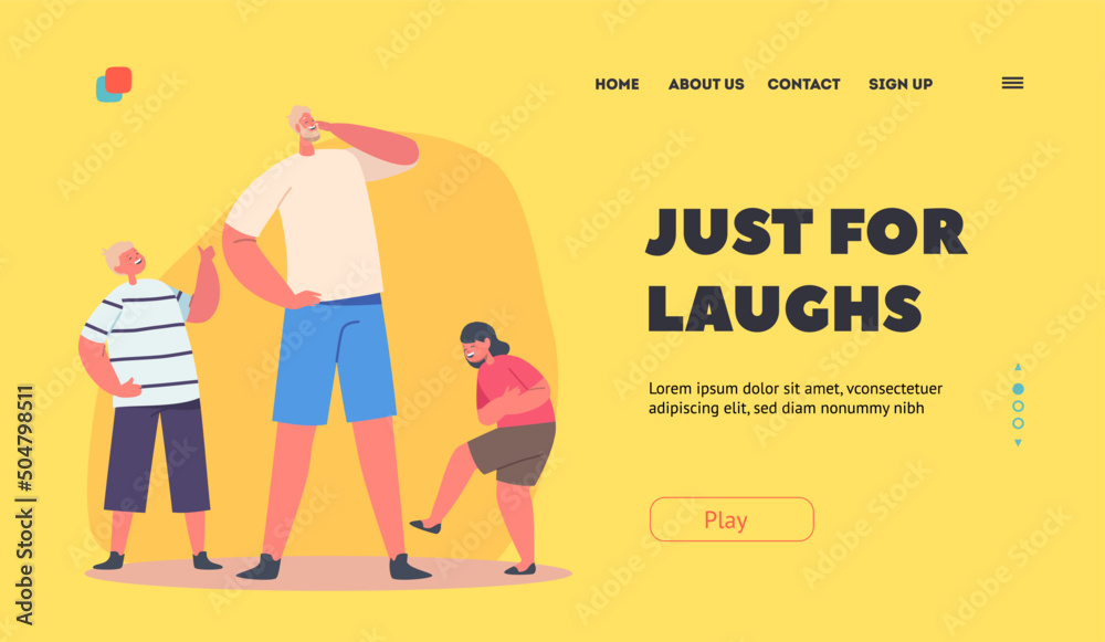 Happy Family Dad with Kids Characters Giggle and Laugh on Funny Joke Landing Page Template. Man with Children Laughing Happy Family Dad with Kids Characters Giggle and Laugh on Funny Joke Landing Page Template. Man with Children Laughing