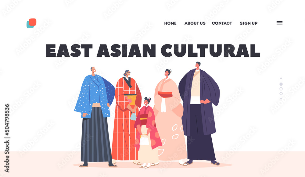 Happy Asian Family Culture Landing Page Template. Smiling Young and Old Male and Female Characters Parents, Child