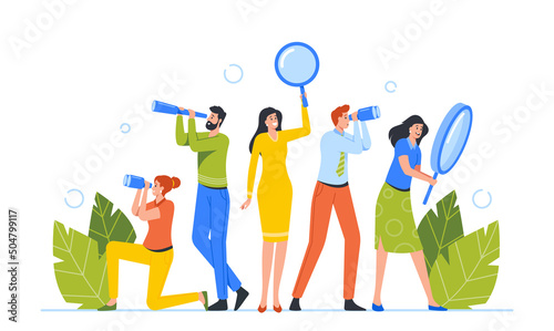 Business Team Male and Female Characters Watching to Spyglass, Binocular or Magnifier Searching for Idea, Recruitment
