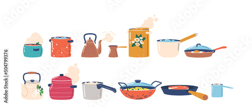 Set of Tableware, Hot Saucepans with Soup or Boiling Water, Kettle or Pot with Tea, Steaming Cook Pans, Frying Pan