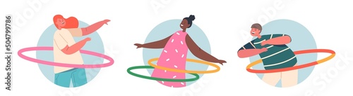 Set of Round Icons Children Characters Fun with Hula Hoop, Boys and Girls Rolling Rings on Waist. Kids Active Sparetime