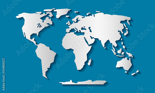 Paper cut world map on blue background - vector