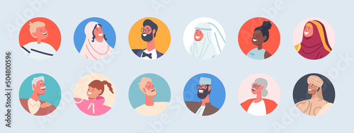 Set of People Avatars, Isolated Round Icons. Diverse Male and Female, Men, Women, Girls or Boys , Muslim or Caucasian