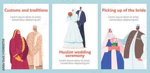 Muslim Couples Wedding Ceremony Banners, Traditional Groom and Bride Characters Wear Festive Clothes, Islamic Newlywed