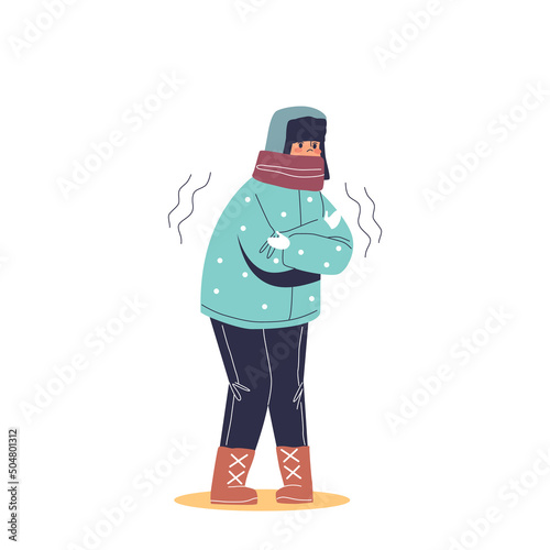 Freezing young man in warm clothes, scarf and hat embracing body suffer from cold winter weather