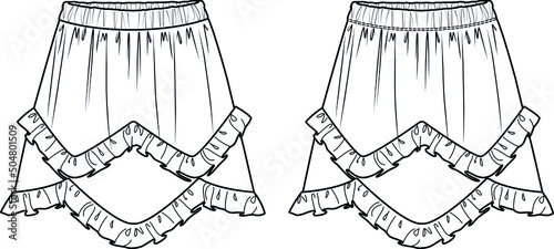 Vector flared mini skirt with frills technical drawing, woman skirt with elasticized waistband fashion cad, sketch, template, mock up. Jersey or woven fabric skirt with front, back view, white color