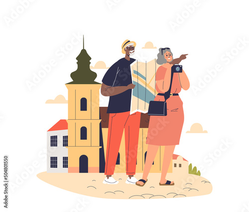 Happy senior couple tourists travel on vacation to Europe. Older man and woman with map and camera