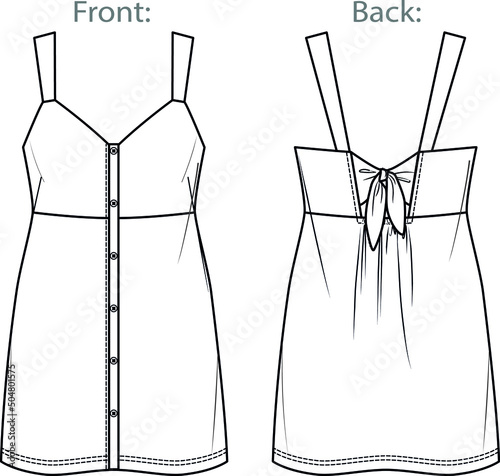 Vector dungaree dress fashion CAD, woman sleeveless mini dress technical drawing with wide straps, template, flat, sketch, mock up.  Jersey or woven fabric dress with front, back view, white color