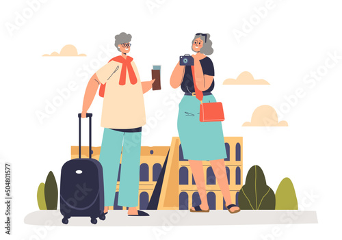 Happy senior women friends travel. Older female with tickets and suitcase happy go on trip vacation