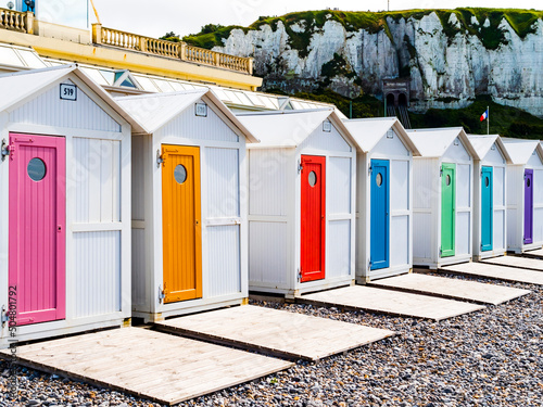 Colorful bathing huts in Le Treport beach, Normandy, France
 photo