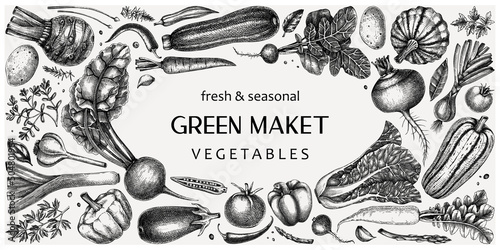 Hand-drawn vegetables vector illustrations. Hand-sketched healthy food collection. Vintage edible plants hand-drawings. Fresh vegetables sketches in engraved style. Design elements for menu or banners