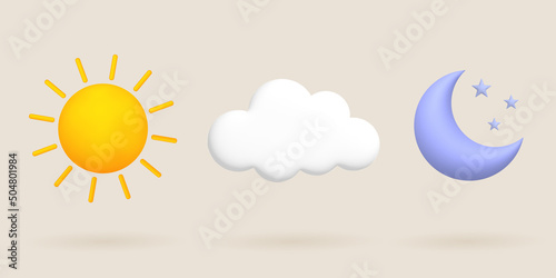 3d cartoon weather icons set. Sun, moon, stars, clouds.