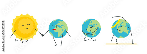 Set of cartoon earth planet in actions: hold hand with sun, calm and relaxed, doing yoga meditation