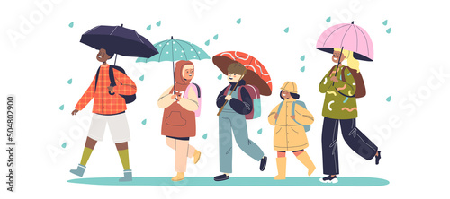 Kids walking under rain hold umbrella and wear raincoat clothes. Children in rainy autumn weather