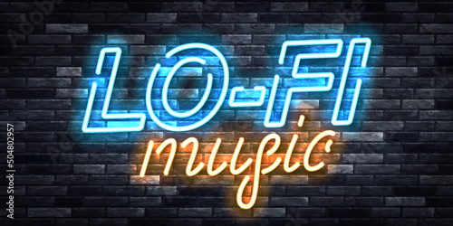 Vector realistic isolated neon sign of Lo Fi Music logo on the wall background. © comicsans