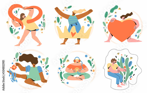 Mental self love and health. Set of multinational smiling women in different poses with plants, flowers. The concept of acceptance, psychological therapy. Personality development, overcoming problems.