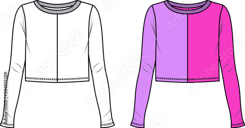 Vector color block long sleeved t shirt fashion CAD, woman winter round neck crop top technical drawing, template, sketch, flat, mock up. Jersey modern crop top with front, back view, white color