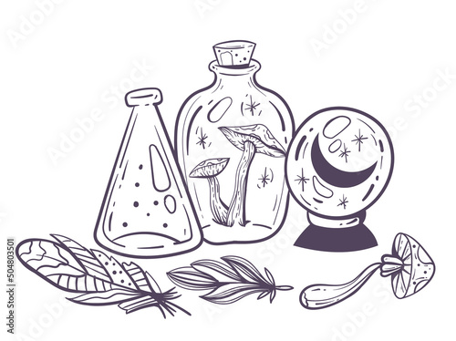 Boho witch occultism design graphic isolated element set collection. Vector flat cartoon graphic design illustration