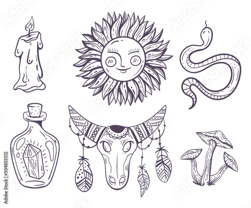 Boho witch occultism design graphic isolated element set collection. Vector flat cartoon graphic design illustration