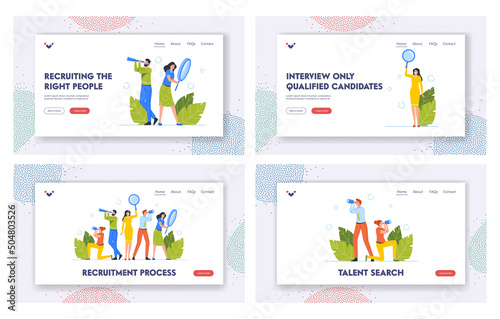 Recruitment, Investigation, Faq Landing Page Template Set. Business Team Characters Watching to Spyglass, Binocular