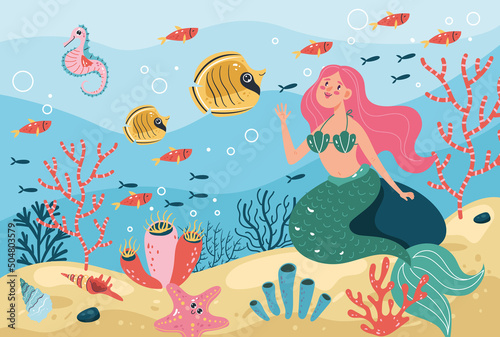 Mermaid character swimming on sea bottom underwater concept. Vector flat graphic design illustration