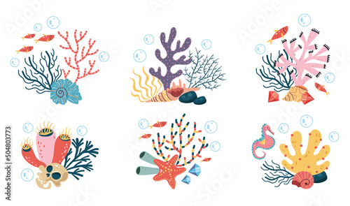 Seaweed on sea bottom isolated set. Vector flat cartoon graphic design illustration