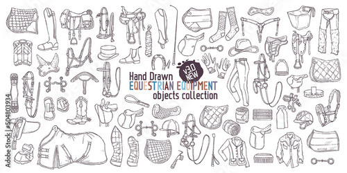 Hand drawn equestrian equipment collection Vector. Horse ammunition. Rider clothing.