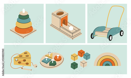 Set of various wooden and metal Montessori toys. Component of the development of education in kindergarten, home. Game for children to develop finger motility, logic, learning colors. Vector