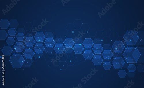 Hexagons pattern on blue background. Genetic research, molecular structure. Chemical engineering. Concept of innovation technology. Used for design healthcare, science and medicine background