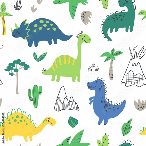 Childish Dino seamless pattern with hand drawn dinosaurs in cartoon style. Cute vector nursery background for fabric, textile, apparel and other covering design