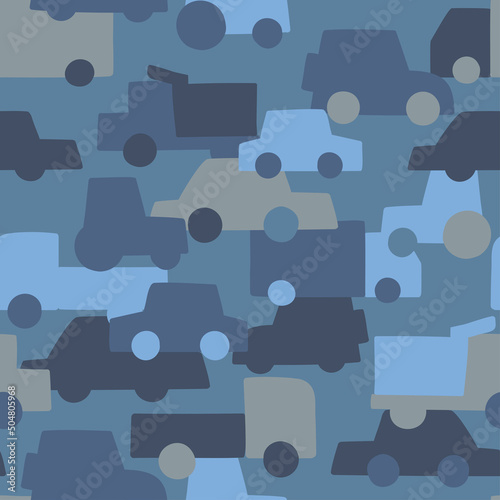 Cars blue army pattern. Seamless camouflage texture with vehicle in blue colors. Perfect fashion print for baby fabrics and clothes	