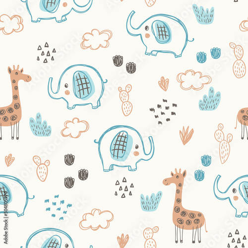 Nursery seamless pattern with cute characters. Elephants and giraffes are in cartoon style. Perfect design for newborn apparel, textile and other stuff