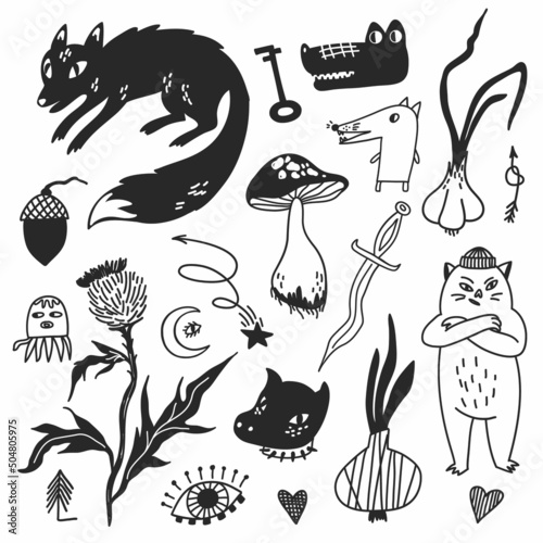 Simple tattoo or sticker set. Witchcraft. Set of weird items. Magic elements, mythical creatures, fox, heads, herbs, mushroom and onion. Linear and silhouette art. Happy Halloween
