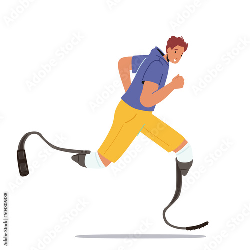 Active Amputee Man Run Marathon. Single Male Character Athlete with Leg Prosthesis Training, Disabled Sportsman