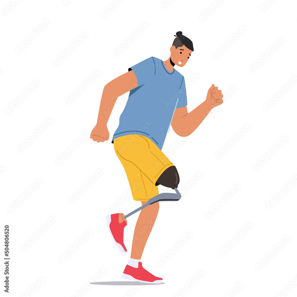 Invalid Sportsman Character Run Marathon, Cheerful Amputee Man Training, Athlete with Leg Prosthesis, Disabled Character Invalid Sportsman Character Run Marathon, Cheerful Amputee Man Training, Athlete with Leg Prosthesis, Disabled Character