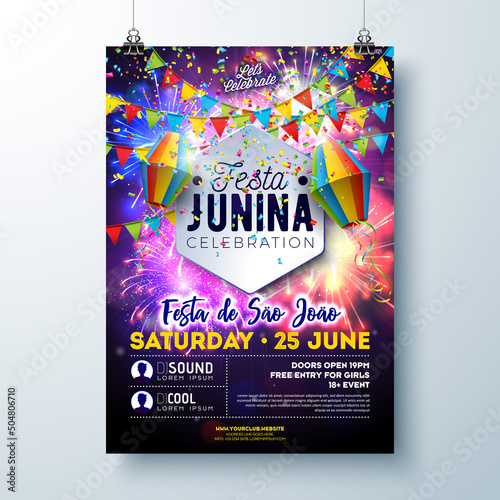 Festa Junina Party Flyer Illustration with Flags and Paper Lantern on Firework Background. Vector Brazil June Sao Joao Festival Design for Banner, Invitation or Holiday Celebration Poster. photo