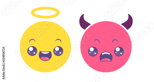 Vector set emoji of angel and devil in kawaii style. Vector icons of positive and negative faces.
