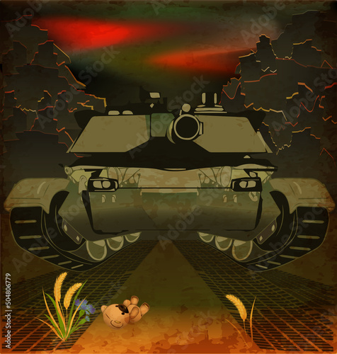 No War card, teddy bear stops a military tank, vector illustration