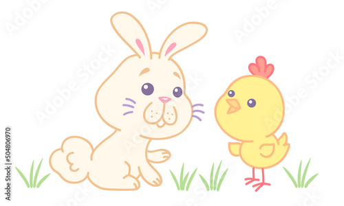 Vector illustration of chick and rabbit for Easter in kawaii style.