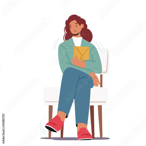 Hr Recruitment Concept. Candidate Woman with Cv in Hand Sit on Chair Waiting Job Interview Isolated on White Background