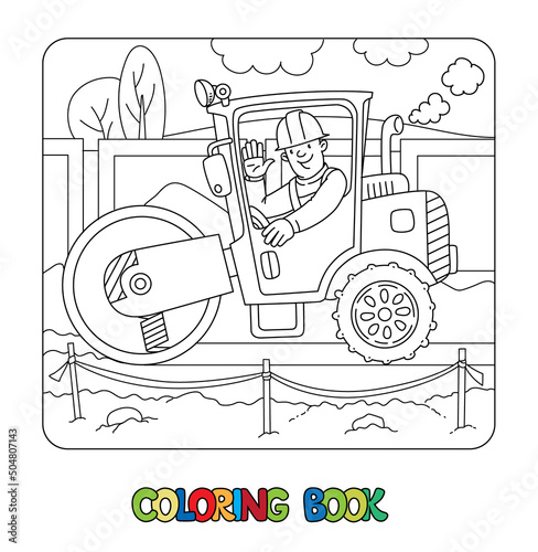 Asphalt compactor with a driver. Coloring book