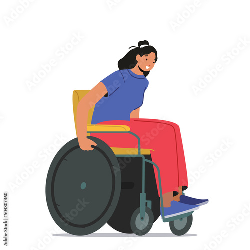 Paralympic Athlete Race, Woman Riding Wheelchair during Marathon Competition. Handicapped Character Sport Activity