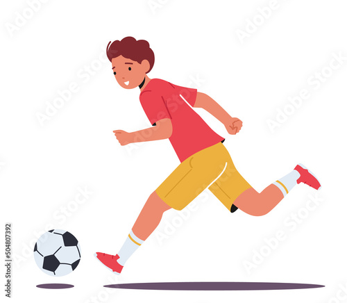 Little Boy Run with Soccer Ball Playing on Stadium Isolated on White Background. Kid Practicing Football Game