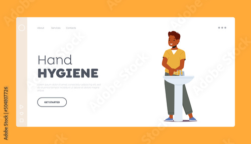 Hand Hygiene Landing Page Template. Happy Little African Boy Character Washing Hands, Child Health Care