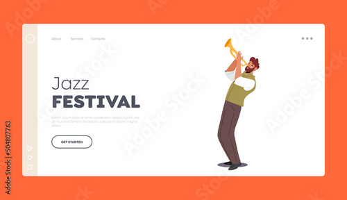 Jazz Festival Landing Page Template. Trumpeter Blowing Musician Composition. Trumpet Player Character Playing on Pipe