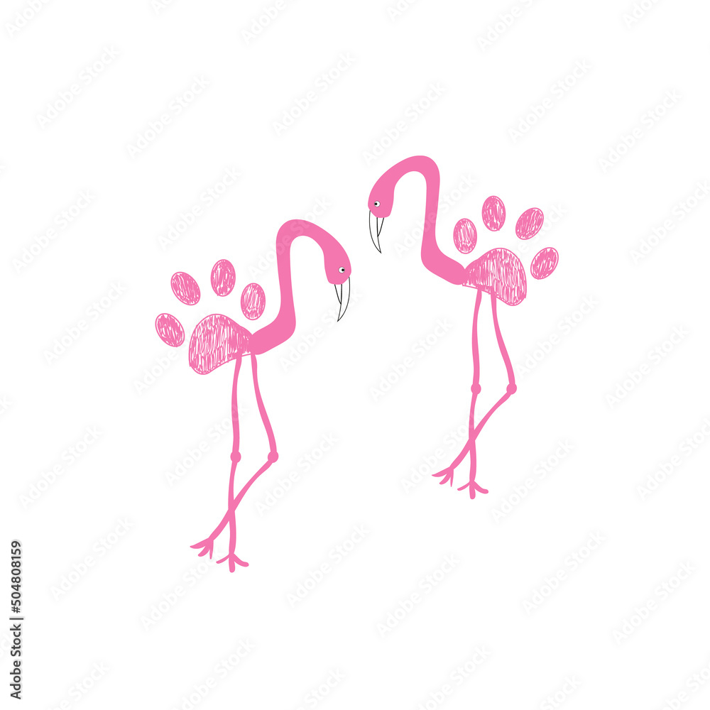 Made of flamingo illustration with pink paw prints. Pet shop, kids, baby shower, t-shirt, fabric textile design for children textile design element